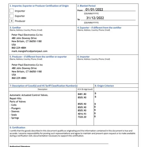 Certification of Origin (CUSMA/USMCA/T-MEC)